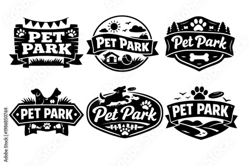 Pet park logos set featuring various designs with silhouettes of dogs, cats, paw prints, and playful elements