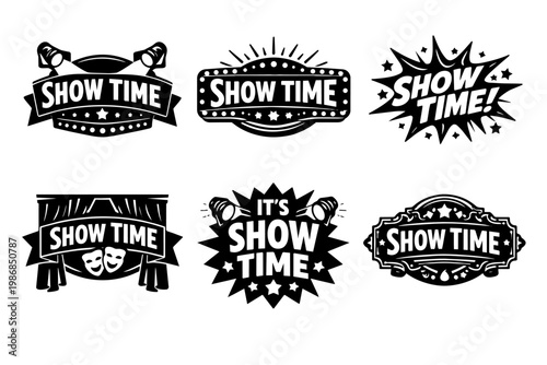 Show time badges and labels collection for entertainment, theater, cinema, performance, and event announcements
