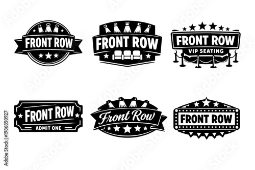 Collection of front row premium seating concept vector black white badges and labels for exclusive cinema or theater access