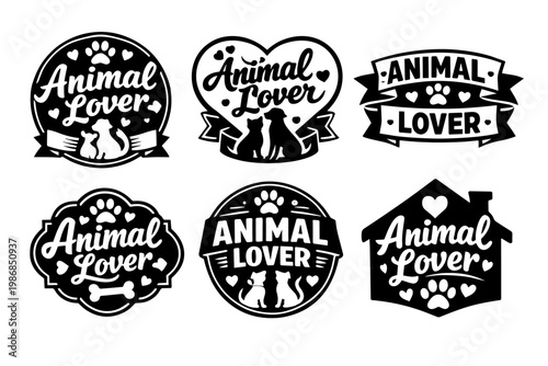 Animal lover badges featuring pet silhouettes, hearts, paws, and bone icons for pet care, adoption, and veterinary themes