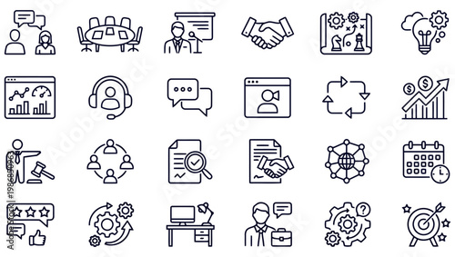 Ultra-clean 24-piece vector icon set in modern thin-line style