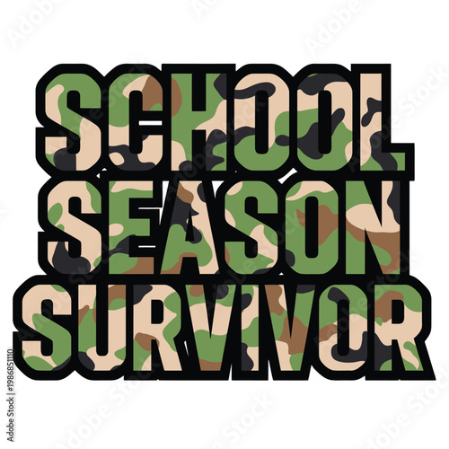 Typography slogan shows bold text filled with a camouflage print design.