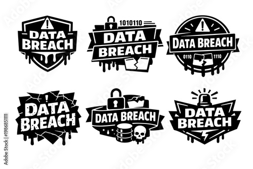 Data breach security emblem collection representing cyber attack, information theft, and digital privacy risk