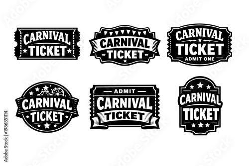 Carnival ticket vintage badge set vector graphic. Retro fair admission stub designs for festival or circus entry