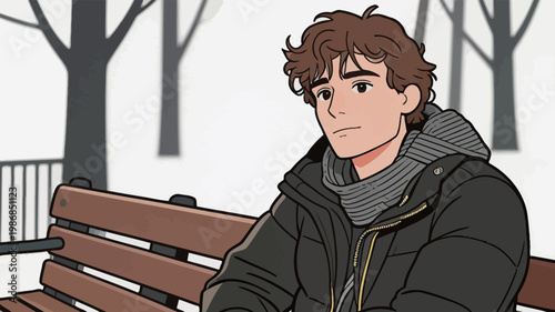 Young Man in Winter Coat Sitting on Bench
