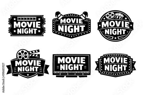 Movie night labels set presenting cinema entertainment, film ticket, clapperboard, popcorn, and projector symbols