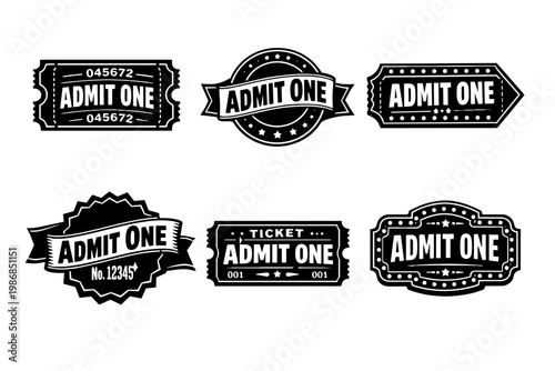 Admit one tickets collection, vintage style entrance passes, cinema movie theater event stub designs