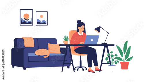 Woman working on laptop in a cozy home office setup