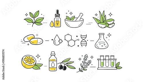 Herbal medicine vector illustration set with various natural remedies and icons