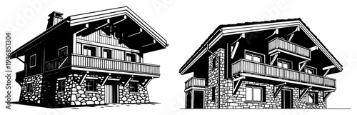 Alpine chalet and rustic mountain house with wooden balconies in minimalist graphic style