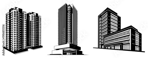 Modern apartment buildings and high-rise skyscraper with vertical facade in minimalist architectural graphic style