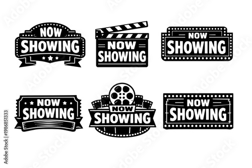 Set of black and white vintage now showing designs, promoting upcoming films, theater events, and grand premieres