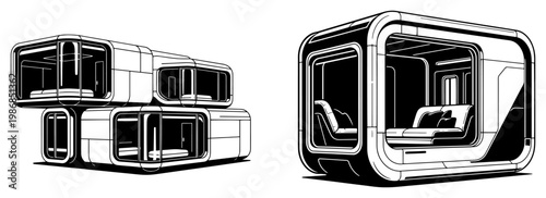 Modular pod house with futuristic exterior and interior living space in bold graphic style