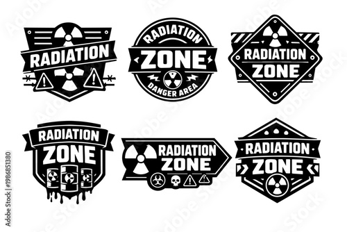 Radiation zone warning sign collection with radioactive symbols and danger icons for nuclear hazard and toxic waste