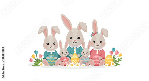 A festive Easter illustration shows a family of cute bunnies gathered with decorated eggs and spring flowers, conveying a joyful and spiritual celebration of the Christian holiday