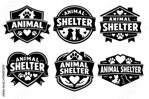 Animal shelter logos are depicting concepts of pet adoption, rescue, care, and welfare with various illustrative elements