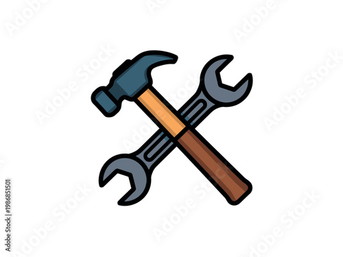 A cartoon illustration of a hammer and wrench crossed over each other on a white background