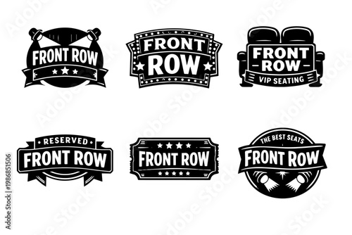 Front row vip seating reservation badges and labels set, offering best seats and exclusive access to concerts or theater events
