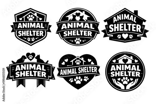 Animal shelter logos set in black and white styles, representing pet adoption, rescue, and animal welfare concepts