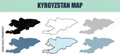 Kyrgyzstan Map Collection Showing Outline and Silhouette in Various Tones
