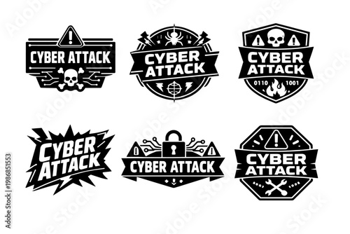 Cyber attack security badges collection presenting digital threat, hacking warning, skull, spider and padlock symbols
