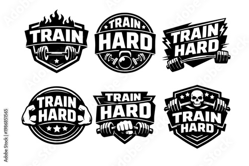 Train hard badges for gym and fitness motivation, illustrating intense bodybuilding and powerlifting workout concepts