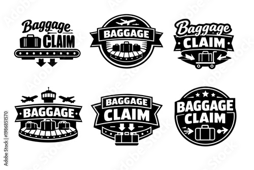 Baggage claim and arrival hall concept vector logos set, showing luggage on conveyor belts and airport elements