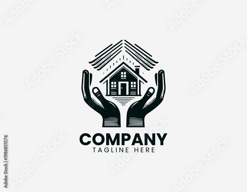A house icon is protected by two hands forming a roof shape in bold minimalist black vector logo
