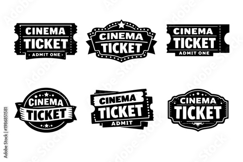 Cinema ticket labels set offering various retro designs for admitting one to a movie, film, or an entertainment event