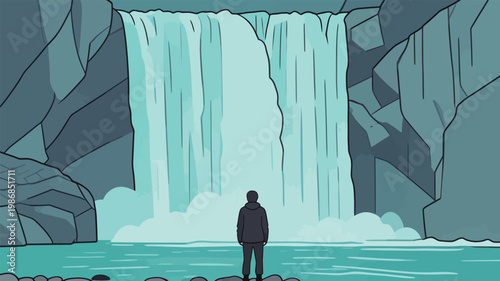 Person Standing Before Magnificent Waterfall in Nature