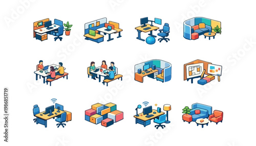 Office workspace vector illustration set with various desk and furniture arrangements