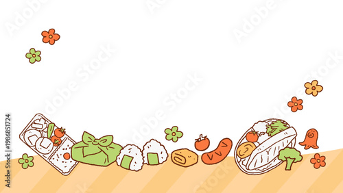 お弁当、手作り弁当、自炊、料理、食費節約などの手描きベクターフレーム素材 16:9 Hand-drawn vector frame assets featuring Japanese bento boxes, dishes, and money-saving meal ideas.