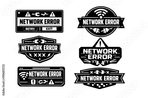 Network error badges set indicating connection issues, internet failures, and system warnings with various icon designs