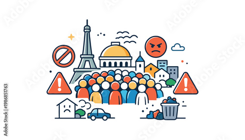 A crowd of people illustration with warning signs in a city