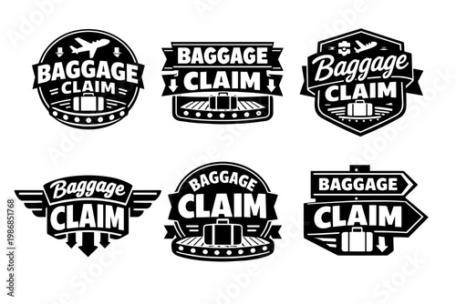 Vector collection of baggage claim signs and logo designs, depicting travel, airport services, and luggage retrieval processes