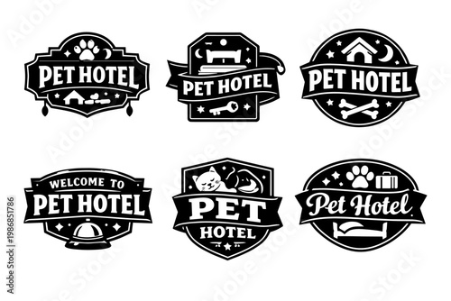 Pet hotel label collection featuring icons for animal boarding, grooming, lodging, and care services