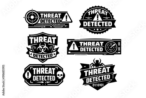 Threat detected warning labels, badges, and emblems, symbolizing cybersecurity, virus, malware, and hacking alerts