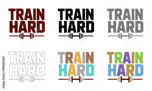 Dumbbells are featured in a grid of six distinct graphic typography.