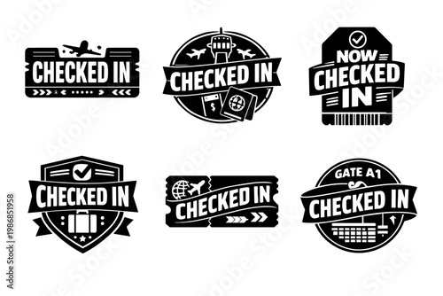 Checked in labels and badges for airport travel, flight status, boarding pass, and departure gate signs