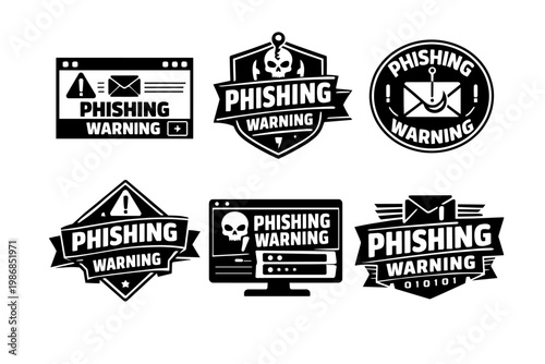 Phishing warning icon set representing cybersecurity threats, email scams, and online fraud risks
