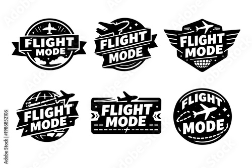 Flight mode badge collection, airplane flying, travel and aviation themed emblem designs on white background