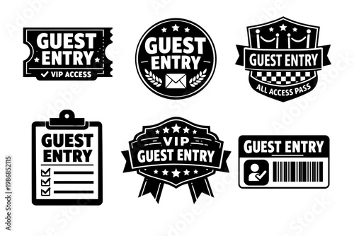 Guest entry and vip access badges, tickets, and entry passes set for events and exclusive access