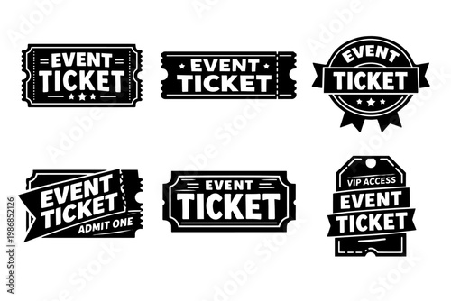 Event admission tickets design collection, offering passes for entry to shows, movies, concerts, and festivals