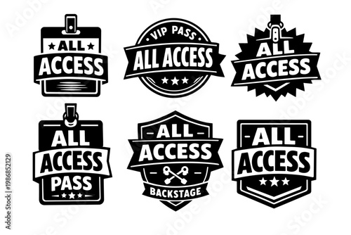 Collection of all access pass, vip, and backstage emblems. Badges for event entry, staff identification, and exclusive access