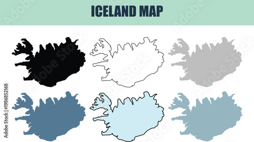 Six styles of Iceland map outlines presented against a clean white background