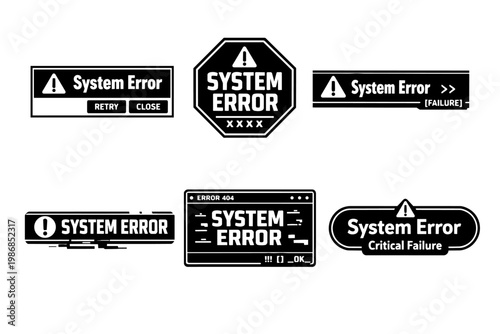 System error concept showing various warning messages, icons, and banners, representing digital failure, software bugs, and internet issues