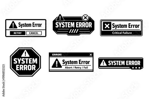 System error message warning notification user interface icon set. Critical software failure alert symbol, bug sign