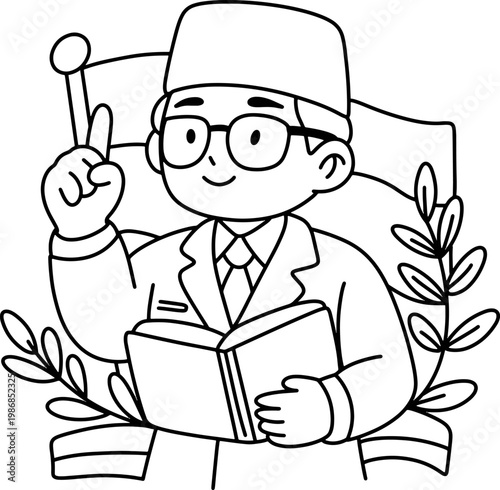 Pancasila Teacher Reading Book Outline Illustration