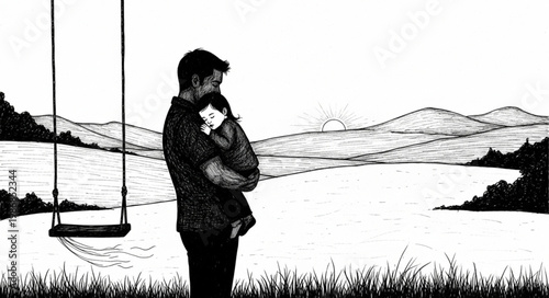 Silhouetted parent holding child in protective embrace.