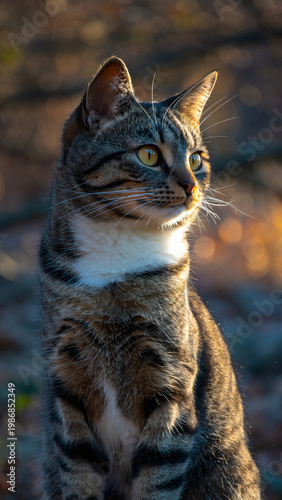 A tabby cat gazing outdoors with sunlight illuminating its face.